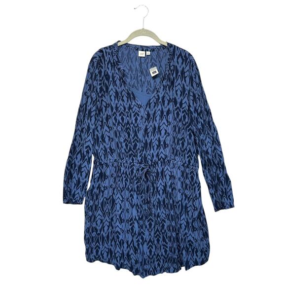 Gap Silky Split Neck Cinch Waist Dress NWT Women's Sz XL Blue Bohemian Ikat Chic - Picture 2 of 8